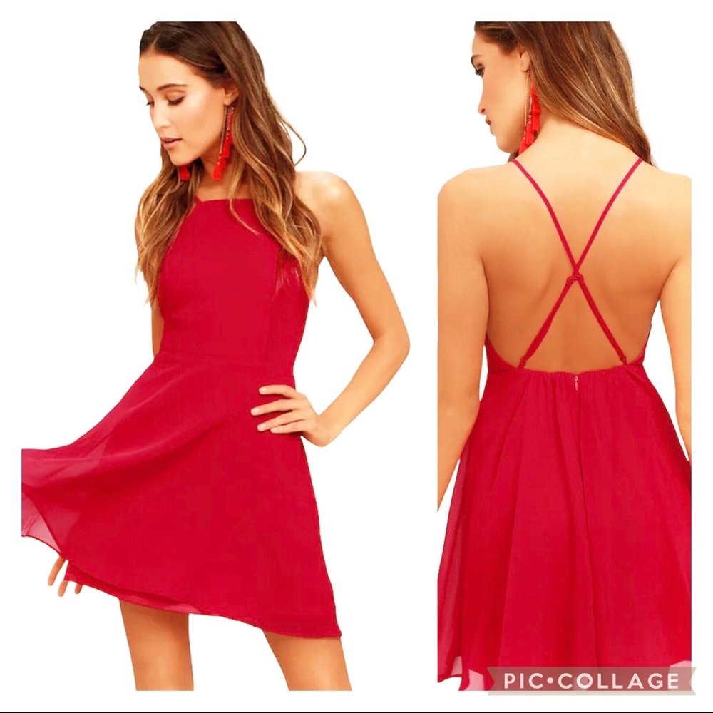 Lulu’s Red Chiffon Backless Skater Dress L